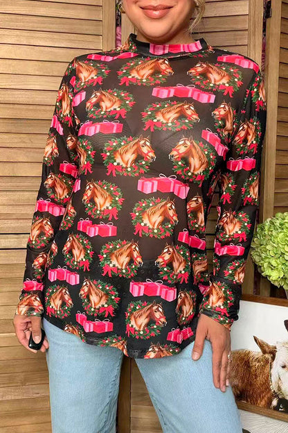 Western Christmas horse gift black women's boutique top Southern Stitch GJQ17688