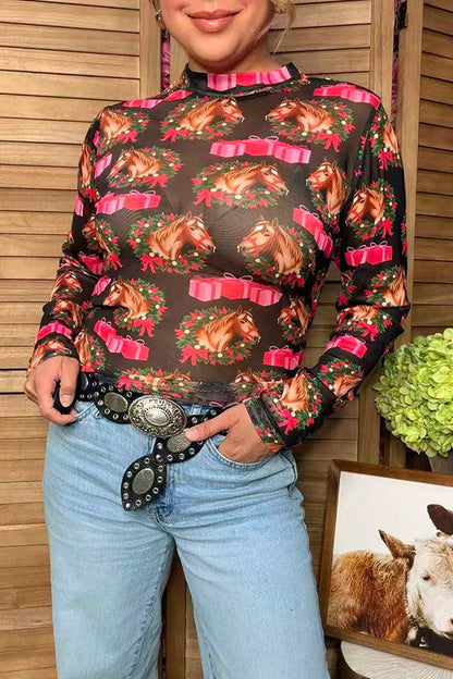 Western Christmas horse gift black women's boutique top Southern Stitch GJQ17688