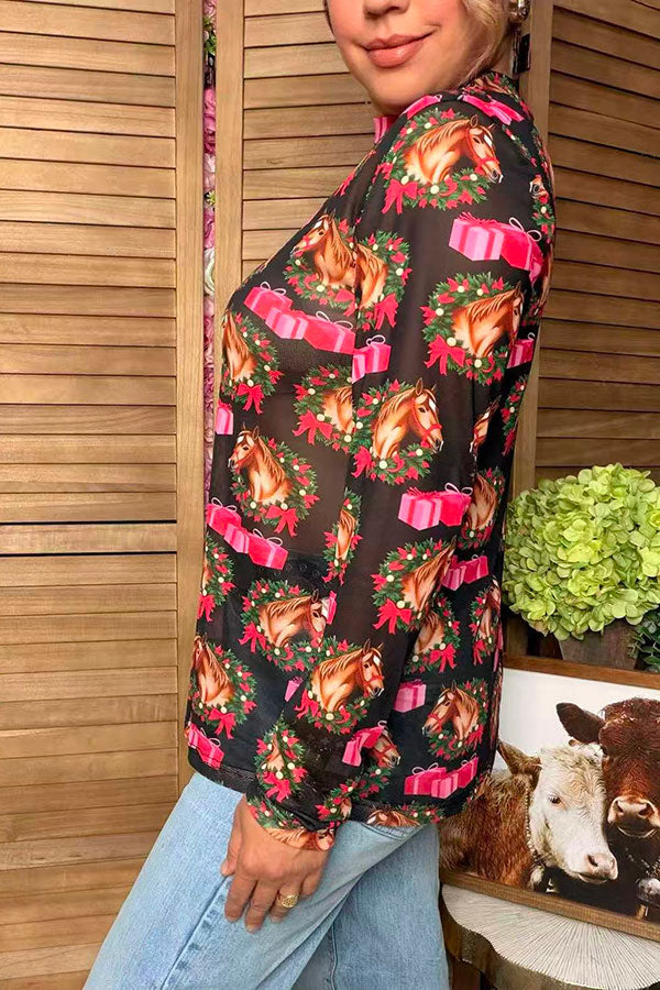 Western Christmas horse gift black women's boutique top Southern Stitch GJQ17688