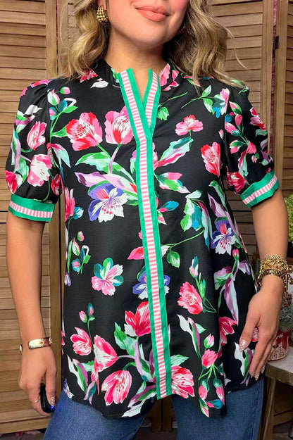 Trendy floral & green & pink stripe short sleeve women's boutique top Southern Stitch GJQ17690