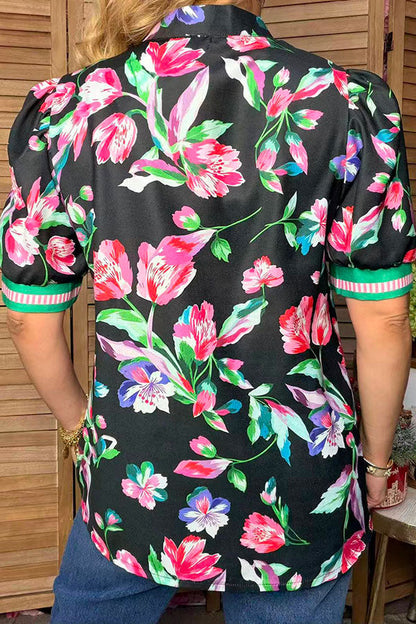 Trendy floral & green & pink stripe short sleeve women's boutique top Southern Stitch GJQ17690
