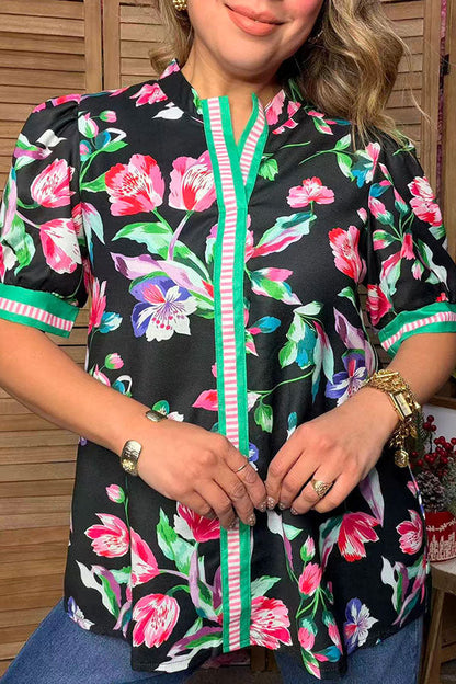 Trendy floral & green & pink stripe short sleeve women's boutique top Southern Stitch GJQ17690
