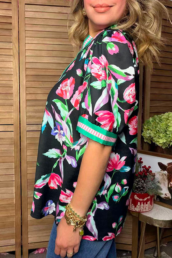 Trendy floral & green & pink stripe short sleeve women's boutique top Southern Stitch GJQ17690