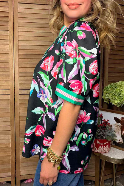 Trendy floral & green & pink stripe short sleeve women's boutique top Southern Stitch GJQ17690