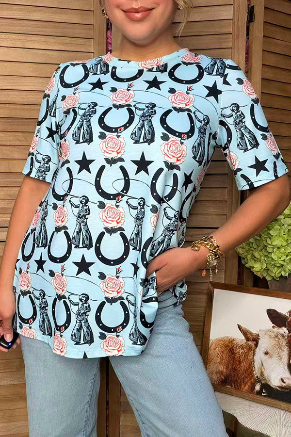 Western cowgirls print short sleeve women's boutique top Southern Stitch GJQ17693 FS2