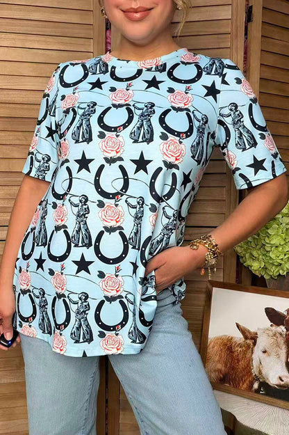 Western cowgirls print short sleeve women's boutique top Southern Stitch GJQ17693 FS2
