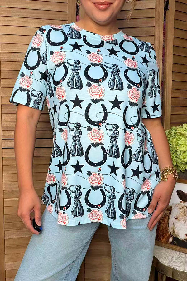 Western cowgirls print short sleeve women's boutique top Southern Stitch GJQ17693 FS2
