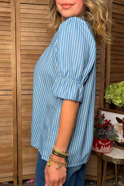 Chic blue stripe ruffle sleeves loose fit women's boutique top Southern Stitch GJQ17694