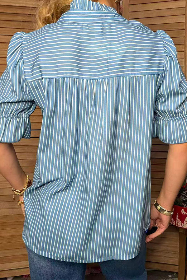 Chic blue stripe ruffle sleeves loose fit women's boutique top Southern Stitch GJQ17694