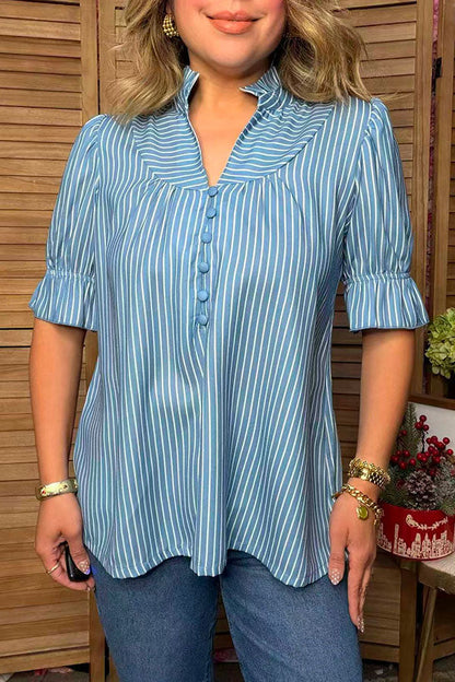 Chic blue stripe ruffle sleeves loose fit women's boutique top Southern Stitch GJQ17694