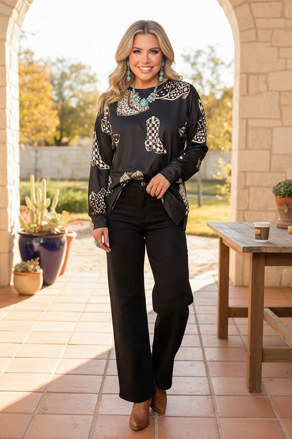 Western leopard & checkered boots print long sleeve women's boutique top GJQ17713