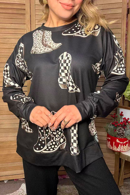 Western leopard & checkered boots print long sleeve women's boutique top GJQ17713