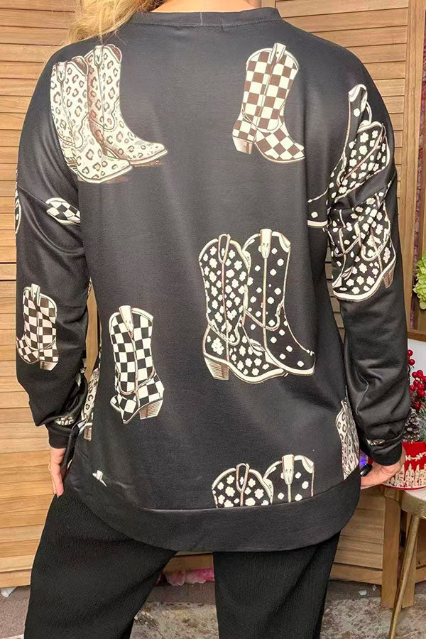 Western leopard & checkered boots print long sleeve women's boutique top GJQ17713