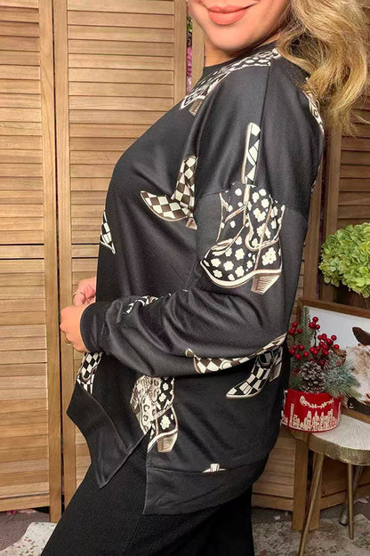 Western leopard & checkered boots print long sleeve women's boutique top GJQ17713