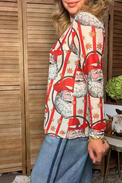 Western Christmas santa sheer long sleeve women's boutique top Southern Stitch GJQ17714