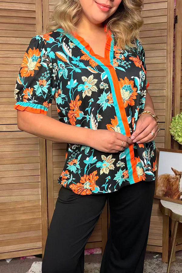 Western floral printed turquoise & orange ruffle short sleeve women's boutique top GJQ17731