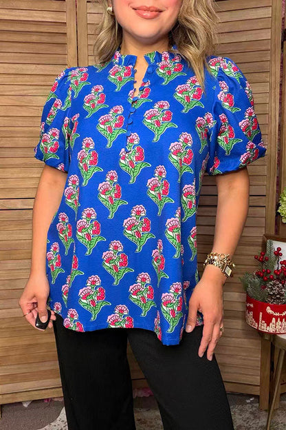 Trendy floral printed royal blue short sleeve women's boutique top Southern Stitch GJQ17692
