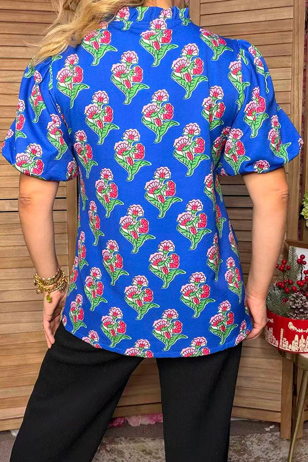 Trendy floral printed royal blue short sleeve women's boutique top Southern Stitch GJQ17692