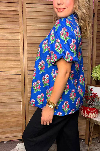 Trendy floral printed royal blue short sleeve women's boutique top Southern Stitch GJQ17692