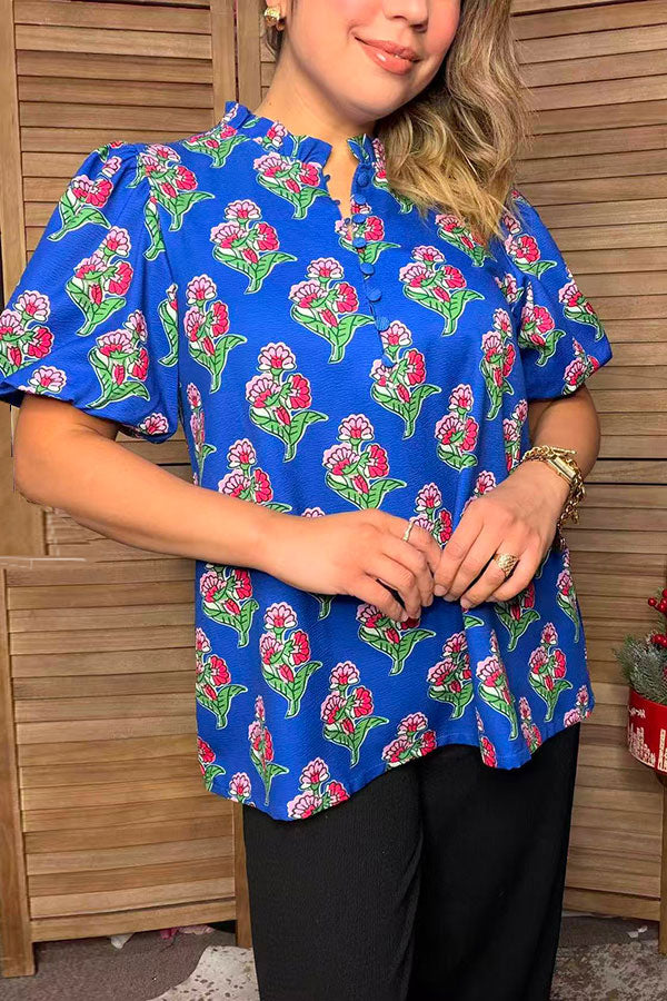 Trendy floral printed royal blue short sleeve women's boutique top Southern Stitch GJQ17692