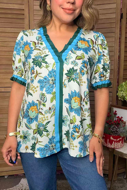 Southwestern textured floral print ruffle short sleeve women's boutique top GJQ17752