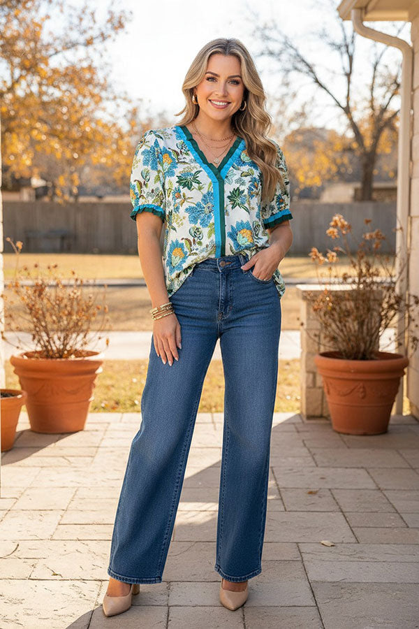 Southwestern textured floral print ruffle short sleeve women's boutique top GJQ17752