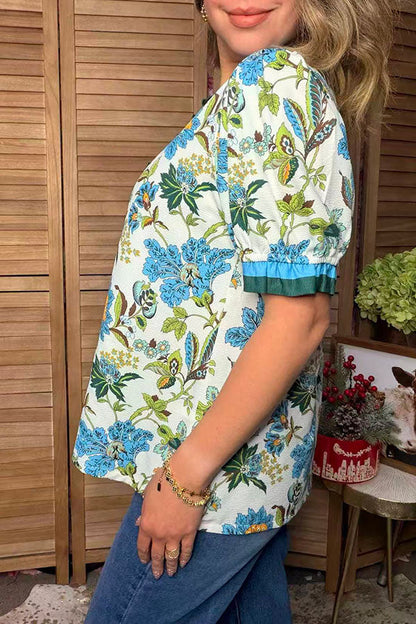 Southwestern textured floral print ruffle short sleeve women's boutique top GJQ17752