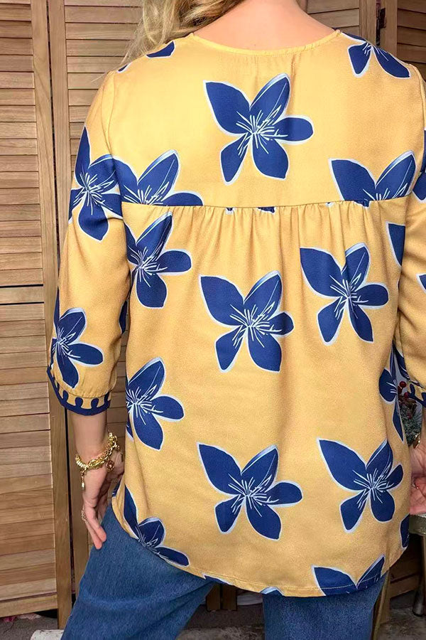Western blue floral prints 3/4 sleeve women's boutique top Southern Stitch GJQ17758