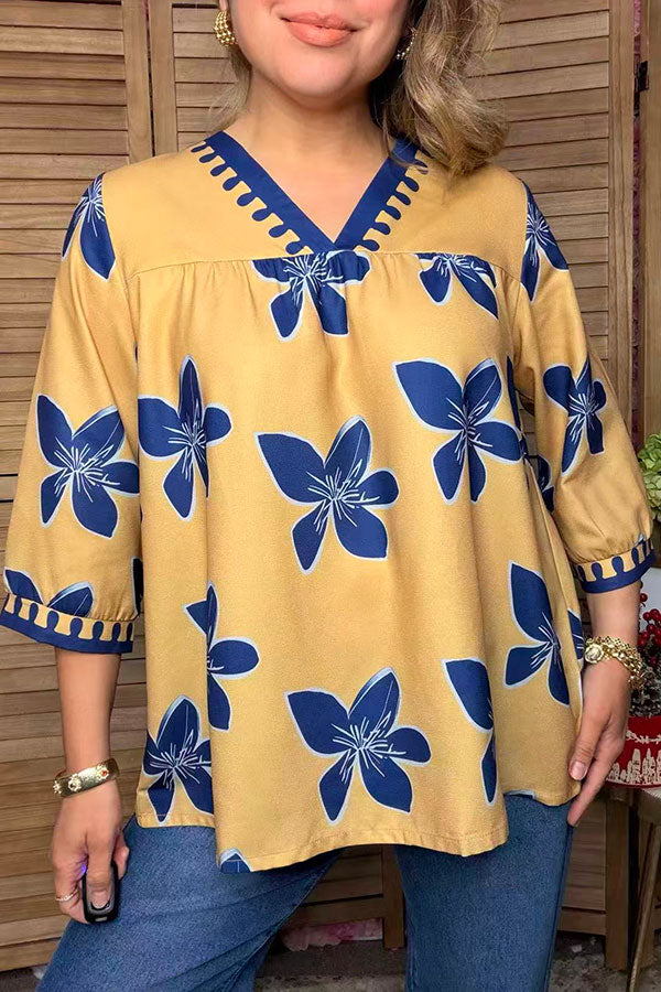 Western blue floral prints 3/4 sleeve women's boutique top Southern Stitch GJQ17758