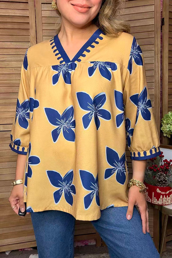 Western blue floral prints 3/4 sleeve women's boutique top Southern Stitch GJQ17758