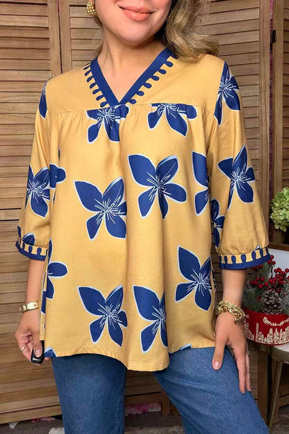 Western blue floral prints 3/4 sleeve women's boutique top Southern Stitch GJQ17758
