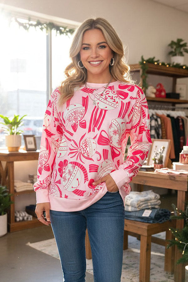 Christmas ornament & bow pink long sleeve women's boutique top Southern Stitch GJQ17762