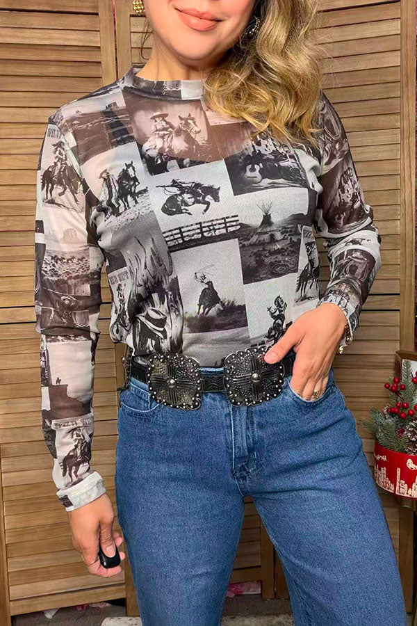 Western elements print sheer long sleeve women's boutique top Southern Stitch GJQ17840