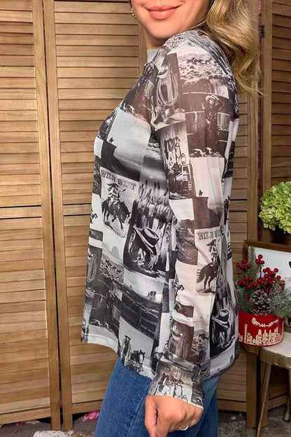 Western elements print sheer long sleeve women's boutique top Southern Stitch GJQ17840