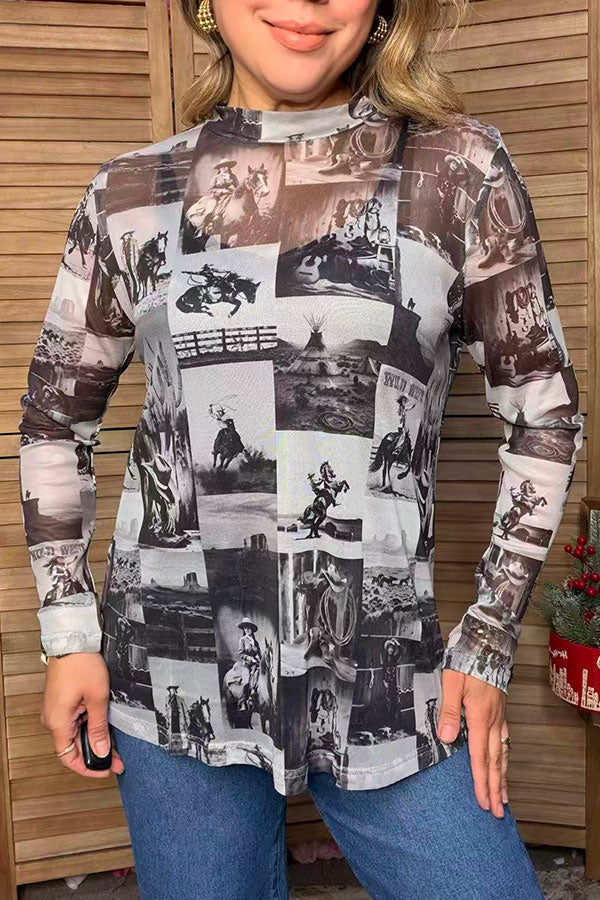 Western elements print sheer long sleeve women's boutique top Southern Stitch GJQ17840