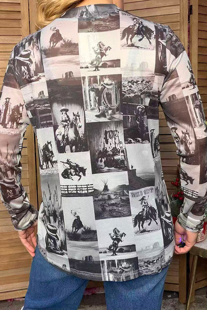 Western elements print sheer long sleeve women's boutique top Southern Stitch GJQ17840