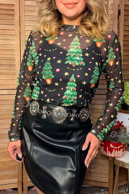 Christmas tree print sheer long sleeve women's boutique top Southern Stitch GJQ17843
