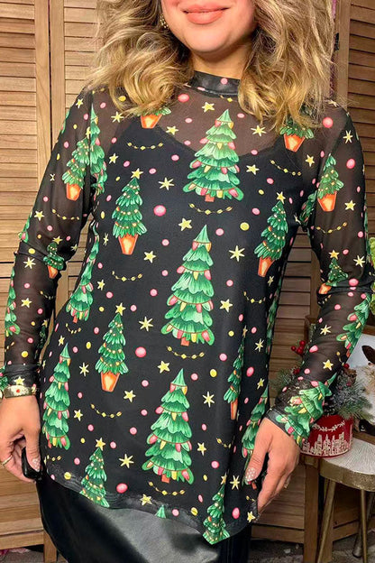 Christmas tree print sheer long sleeve women's boutique top Southern Stitch GJQ17843