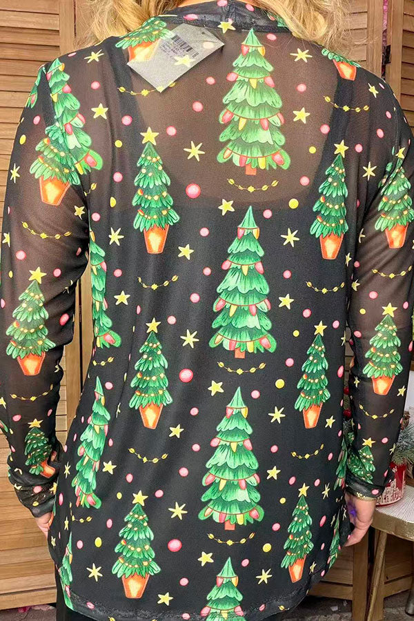 Christmas tree print sheer long sleeve women's boutique top Southern Stitch GJQ17843