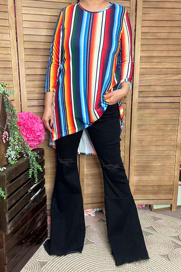 Stripes printed  3/4 sleeves high-low style women tunic GJQ7807
