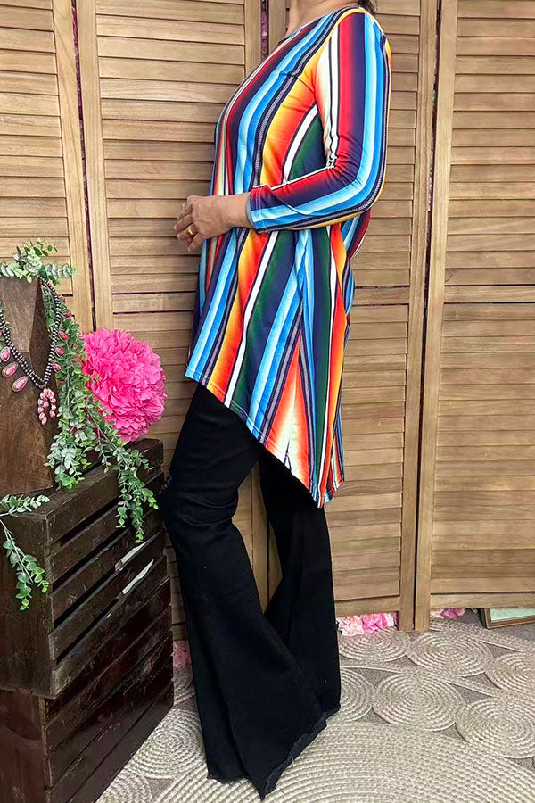 Stripes printed  3/4 sleeves high-low style women tunic GJQ7807