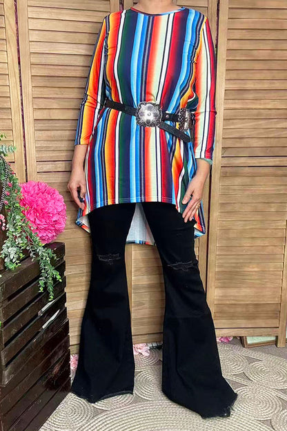 Stripes printed  3/4 sleeves high-low style women tunic GJQ7807