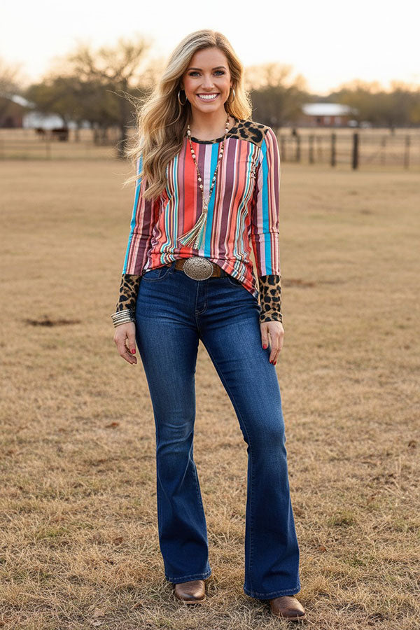 Western striped/leopard long sleeve women's boutique top GJQ8038