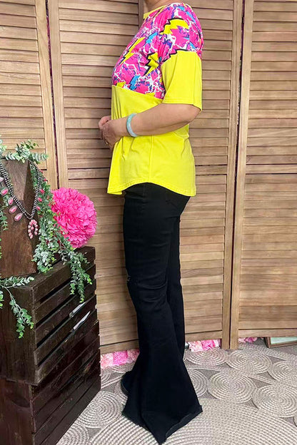 Lightning yellow multi color printed short sleeve women tops GJQ8866