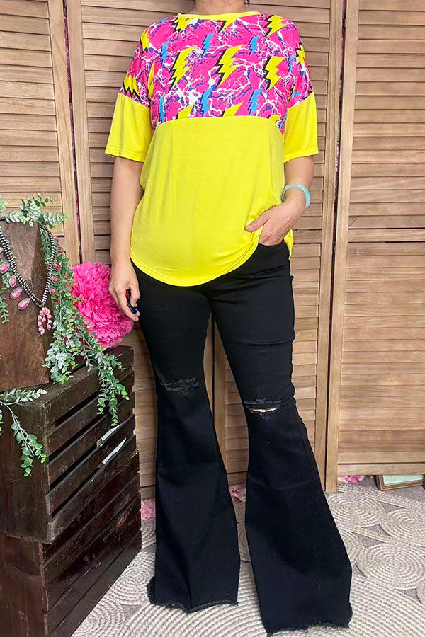 Lightning yellow multi color printed short sleeve women tops GJQ8866