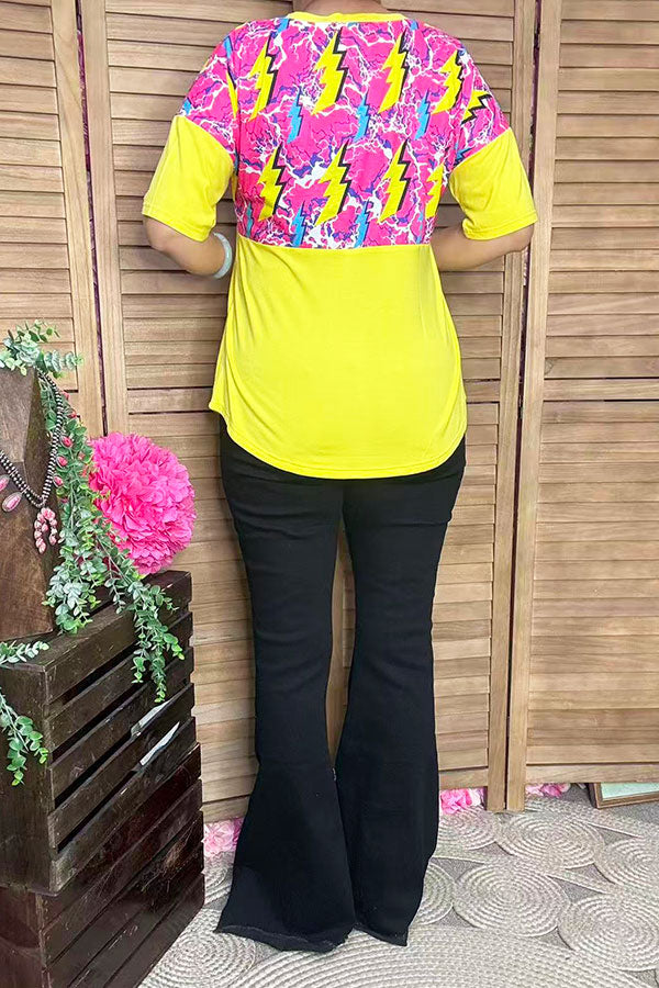 Lightning yellow multi color printed short sleeve women tops GJQ8866