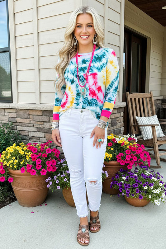 GJQ8989 Multi color spiral tie dye top w/3/4 sleeves