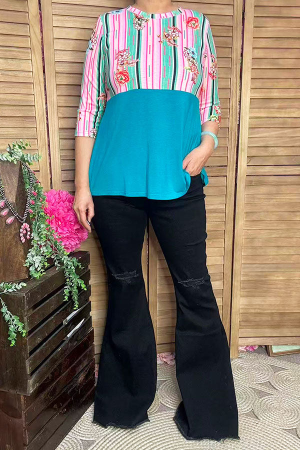 Striped & floral printed & turquoise color block 3/4 sleeves GJQ9144