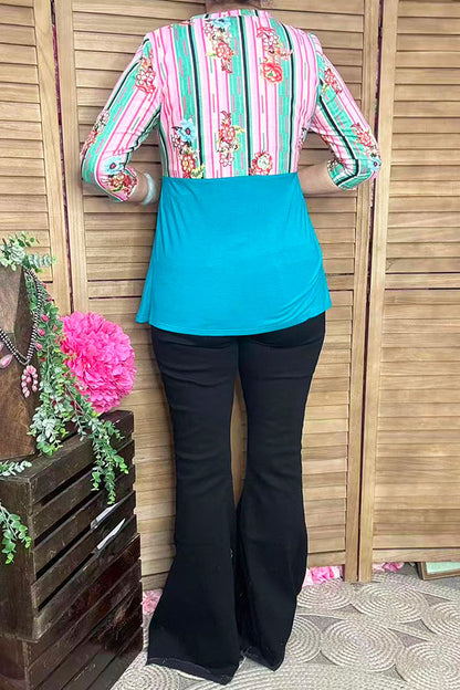 Striped & floral printed & turquoise color block 3/4 sleeves GJQ9144