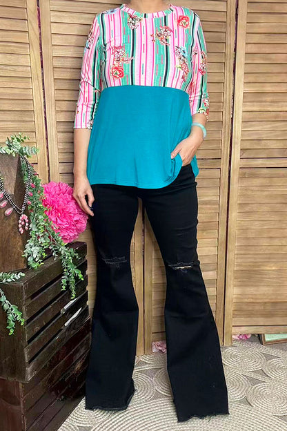 Striped & floral printed & turquoise color block 3/4 sleeves GJQ9144